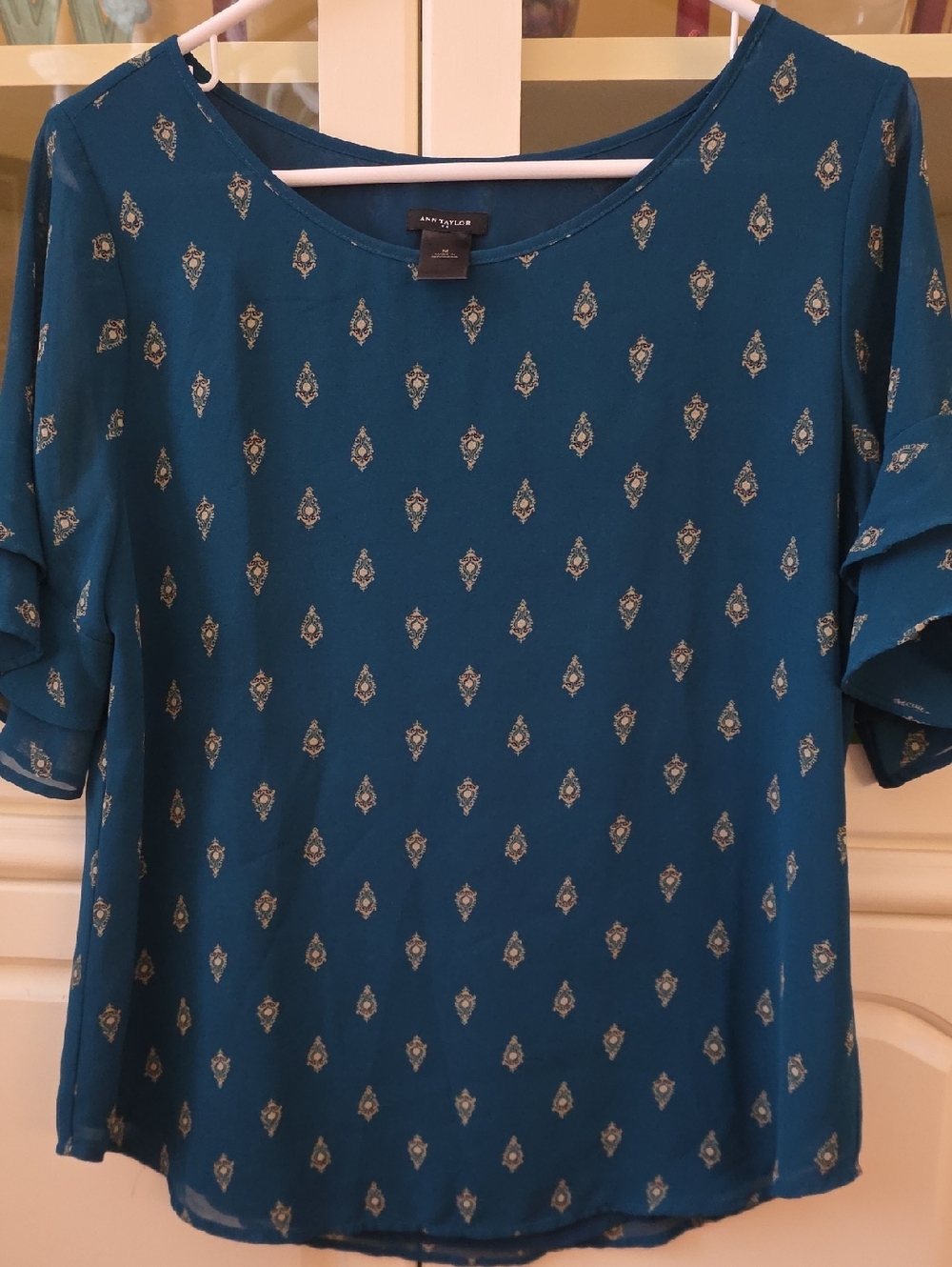 Ann Taylor Teal Scoop Neck Blouse with Ruffle Sleeves